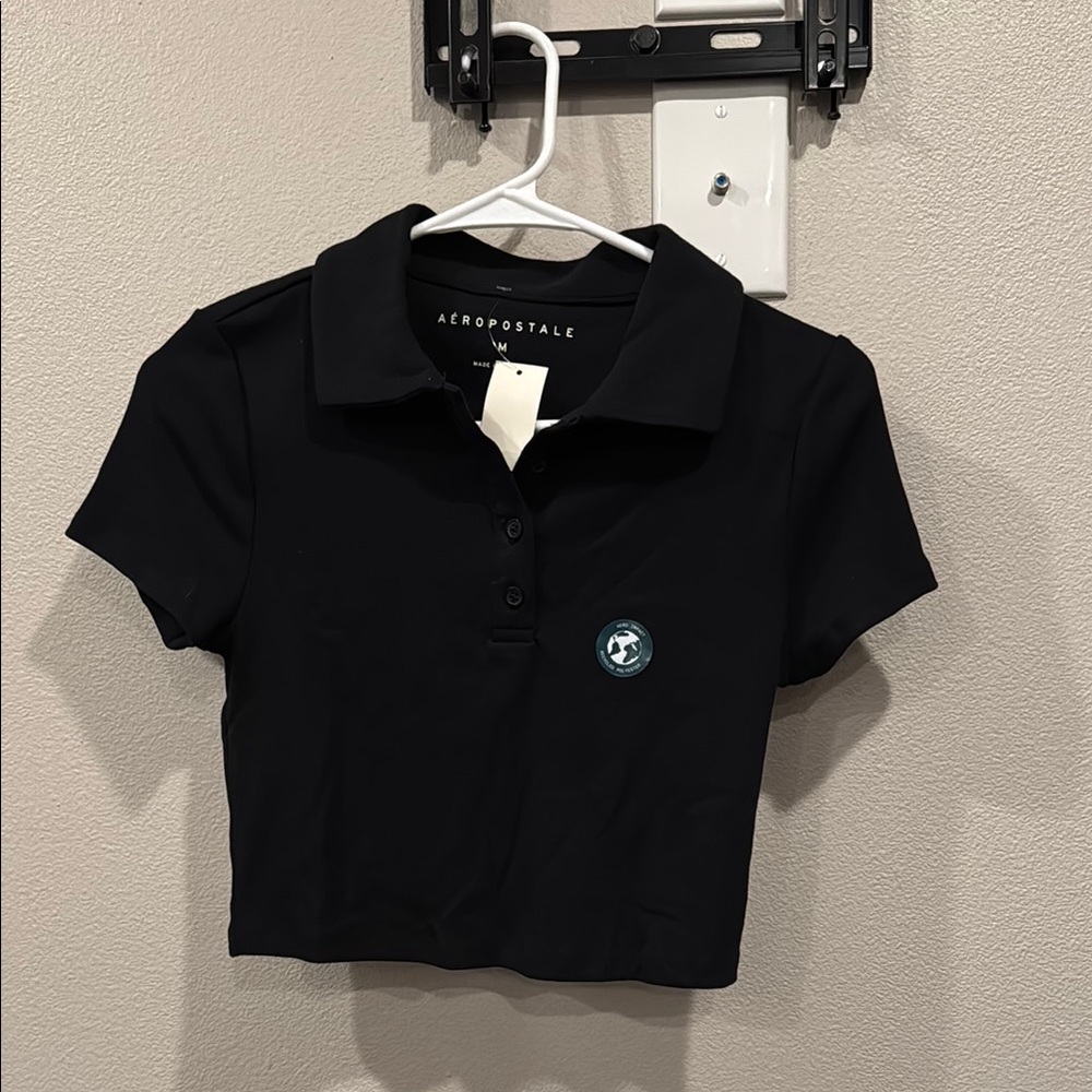 Aeropostale M Black Polo Crop Top Shirt